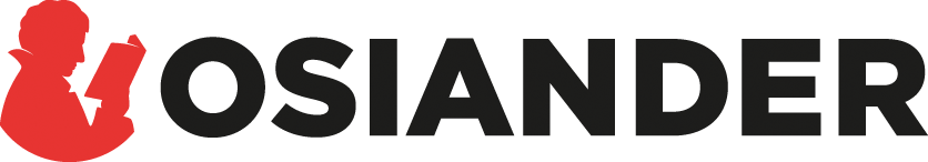 Logo des Buchhändlers "Osiander". Osiander ist in schwarzer Schrift sichtbar, links daneben sieht man die rote Silhouette eines Mannes, der ein Buch liest.