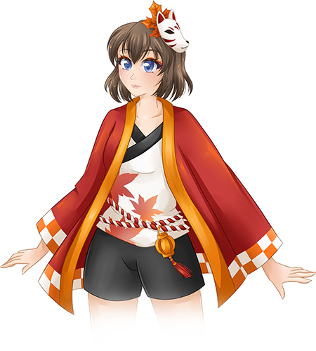 Ein junges Mädchen mit braunen Haaren und blauen Augen. Sie trägt eine traditionelle, weiße, japanische Fuchsmaske und Ahronblätter als Haarschmuck. Als Kleidung trägt sie einen roten Happi (traditioneller, japanischer, offener Mantel) in rot, mit orangenem Innensaum und orange-weiß karierten Ärmeln. Unter dem Happi trägt sie ein weißes T-Shirt mit roten Ahornblättern und schwarzem Saum und eine kurze, schwarze Hose. Um ihre Hüfte trägt sie ein weiß-rotes Band mit einer Laterne.