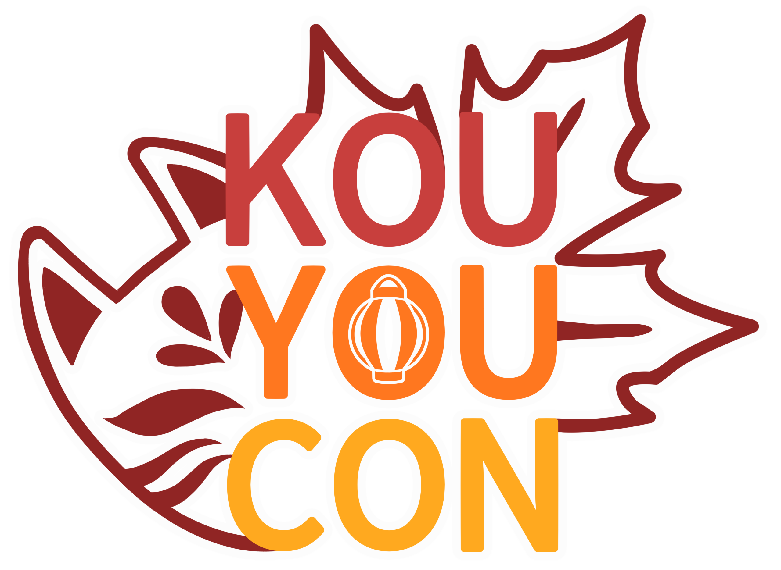 Du siehst eine dunkelrote Fuchsmaske und ein Ahornblatt hinter dem Text "KouYouCon".