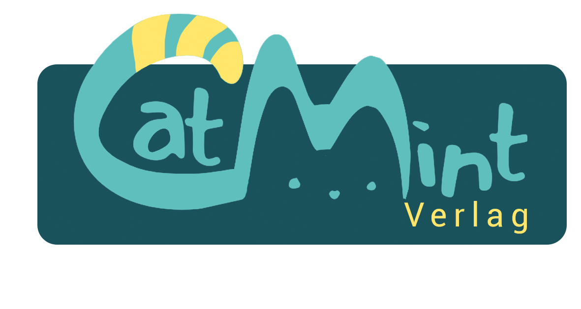 Logo des CatMint Verlag. Das "M" ist stilisiert als Katzengesicht und das "C" der Schwanz der Katze. Die Hauptfarbe ist Cyan mit gelben Elementen, der Hintergrund Dunkelblau