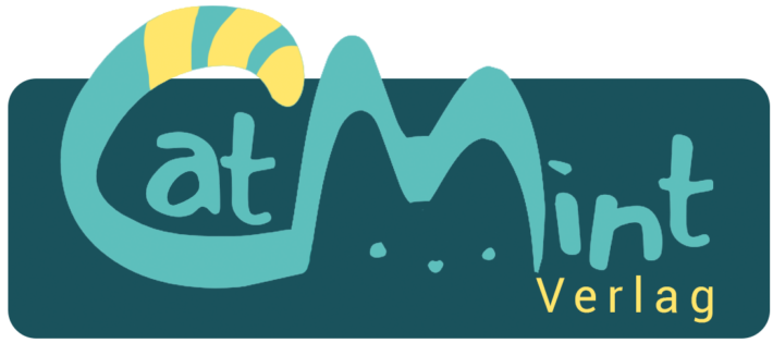 Logo des CatMint Verlag. Das "M" ist stilisiert als Katzengesicht und das "C" der Schwanz der Katze. Die Hauptfarbe ist Cyan mit gelben Elementen, der Hintergrund Dunkelblau