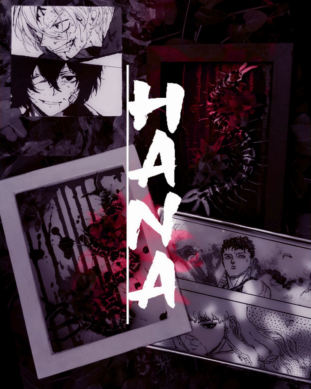 Künstlerbild von "Hana" mit einem großen, vertikalen Schriftzug in der Mitte und Mangazeichnungen rings herum.
